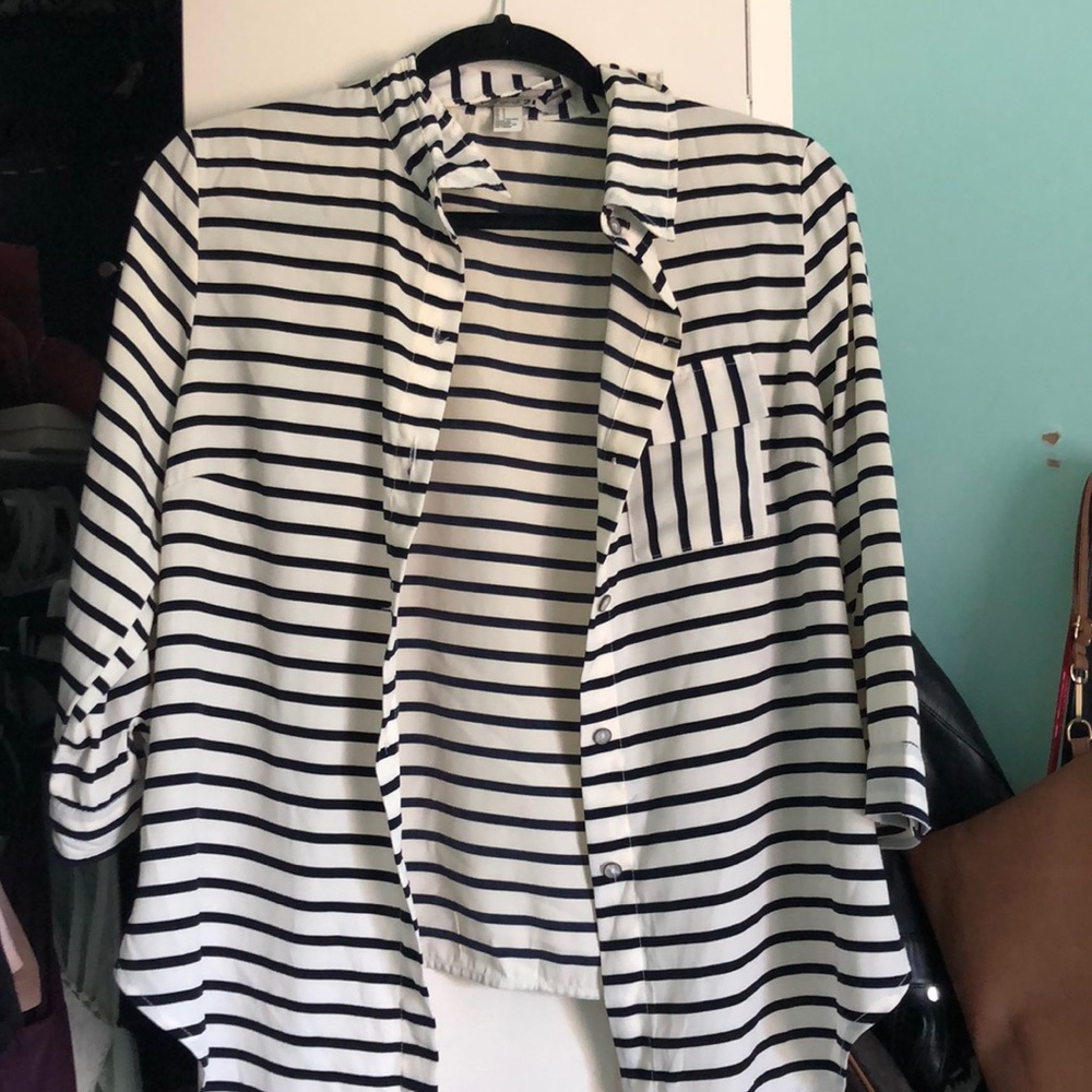 Navy and white Stripped Button down tie up shirt